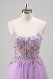 Lilac Beaded Appliques Tulle Prom Dress with Lace-up Back