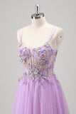 Lilac Beaded Appliques Tulle Prom Dress with Lace-up Back