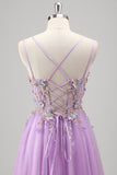 Lilac Beaded Appliques Tulle Prom Dress with Lace-up Back