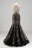 Black Mermaid Beaded Embroidered Prom Dress with Lace-up back