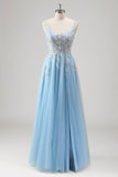 Light Blue A Line Backless Tulle Slit Sequined Prom Dress with Appliques