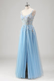 Light Blue A Line Backless Tulle Slit Sequined Prom Dress with Appliques