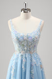 Light Blue A Line Backless Tulle Slit Sequined Prom Dress with Appliques