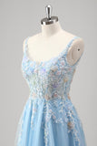 Light Blue A Line Backless Tulle Slit Sequined Prom Dress with Appliques