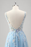 Light Blue A Line Backless Tulle Slit Sequined Prom Dress with Appliques