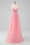 Pink Spaghetti Strpas Tiered Tulle A Line Prom Dress