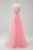 Pink Spaghetti Strpas Tiered Tulle A Line Prom Dress