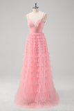 Pink Spaghetti Strpas Tiered Tulle A Line Prom Dress