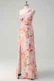 Floral Peach One Soulder Ruched Sheath Maxi Dress with Slit