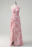 Pink Floral One Soulder Slit Ruched Sheath Maxi Dress