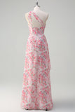 Pink Floral One Soulder Slit Ruched Sheath Maxi Dress