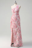 Pink Floral One Soulder Slit Ruched Sheath Maxi Dress