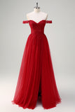 Red Beaded A Line Off the Shoulder Tulle Prom Dress with Slit