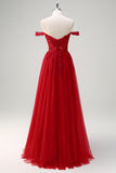 Red Beaded A Line Off the Shoulder Tulle Prom Dress with Slit