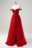 Red Beaded A Line Off the Shoulder Tulle Prom Dress with Slit