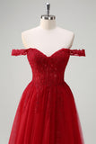 Red Beaded A Line Off the Shoulder Tulle Prom Dress with Slit