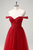 Red Beaded A Line Off the Shoulder Tulle Prom Dress with Slit