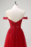 Red Beaded A Line Off the Shoulder Tulle Prom Dress with Slit