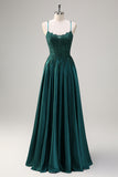 Dark Green Satin A Line Beaded Prom Dress with Appliques