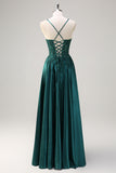 Dark Green Satin A Line Beaded Prom Dress with Appliques