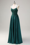 Dark Green Satin A Line Beaded Prom Dress with Appliques