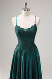 Dark Green Satin A Line Beaded Prom Dress with Appliques