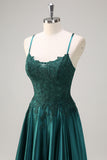 Dark Green Satin A Line Beaded Prom Dress with Appliques