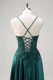 Dark Green Satin A Line Beaded Prom Dress with Appliques