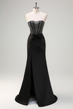 Beaded Black Strapless Ruched Mermaid Prom Dress with Slit