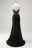 Beaded Black Strapless Ruched Mermaid Prom Dress with Slit