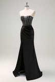 Beaded Black Strapless Ruched Mermaid Prom Dress with Slit