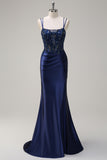 Navy Ruched Beaded Mermaid Slit Prom Dress with Lace-up Back