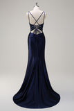 Navy Ruched Beaded Mermaid Slit Prom Dress with Lace-up Back