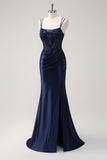 Navy Ruched Beaded Mermaid Slit Prom Dress with Lace-up Back