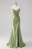 Green Appliqued Corset Ruched Mermaid Prom Dress with Slit