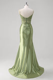 Green Appliqued Corset Ruched Mermaid Prom Dress with Slit