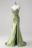 Green Appliqued Corset Ruched Mermaid Prom Dress with Slit