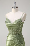 Green Appliqued Corset Ruched Mermaid Prom Dress with Slit