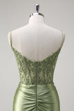 Green Appliqued Corset Ruched Mermaid Prom Dress with Slit