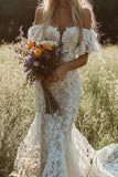 Ivory Mermaid Off the Shoulder Boho Wedding Dress