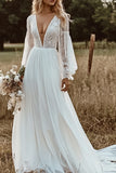 Ivory V Neck A Line Illusion Sleeve Wedding Dress