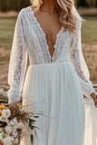 Delicate V Neck A Line Illusion Sleeve Ivory Wedding Dress