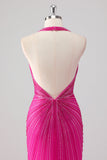 Fuchsia Mermaid Halter Open Back Beaded Long Prom Dress with Slit