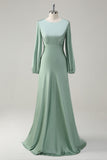 Modest Long Sleeve Round Neck Sage Bridesmaid Dress