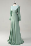 Modest Long Sleeve Round Neck Sage Bridesmaid Dress