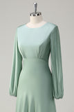 Modest Long Sleeve Round Neck Sage Bridesmaid Dress