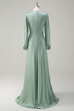 Modest Long Sleeve Round Neck Sage Bridesmaid Dress