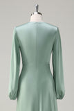 Modest Long Sleeve Round Neck Sage Bridesmaid Dress