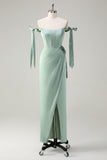 Sage Corset Convertible Straps Sheath Bridesmaid Dress with Slit