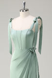 Sage Corset Convertible Straps Sheath Bridesmaid Dress with Slit